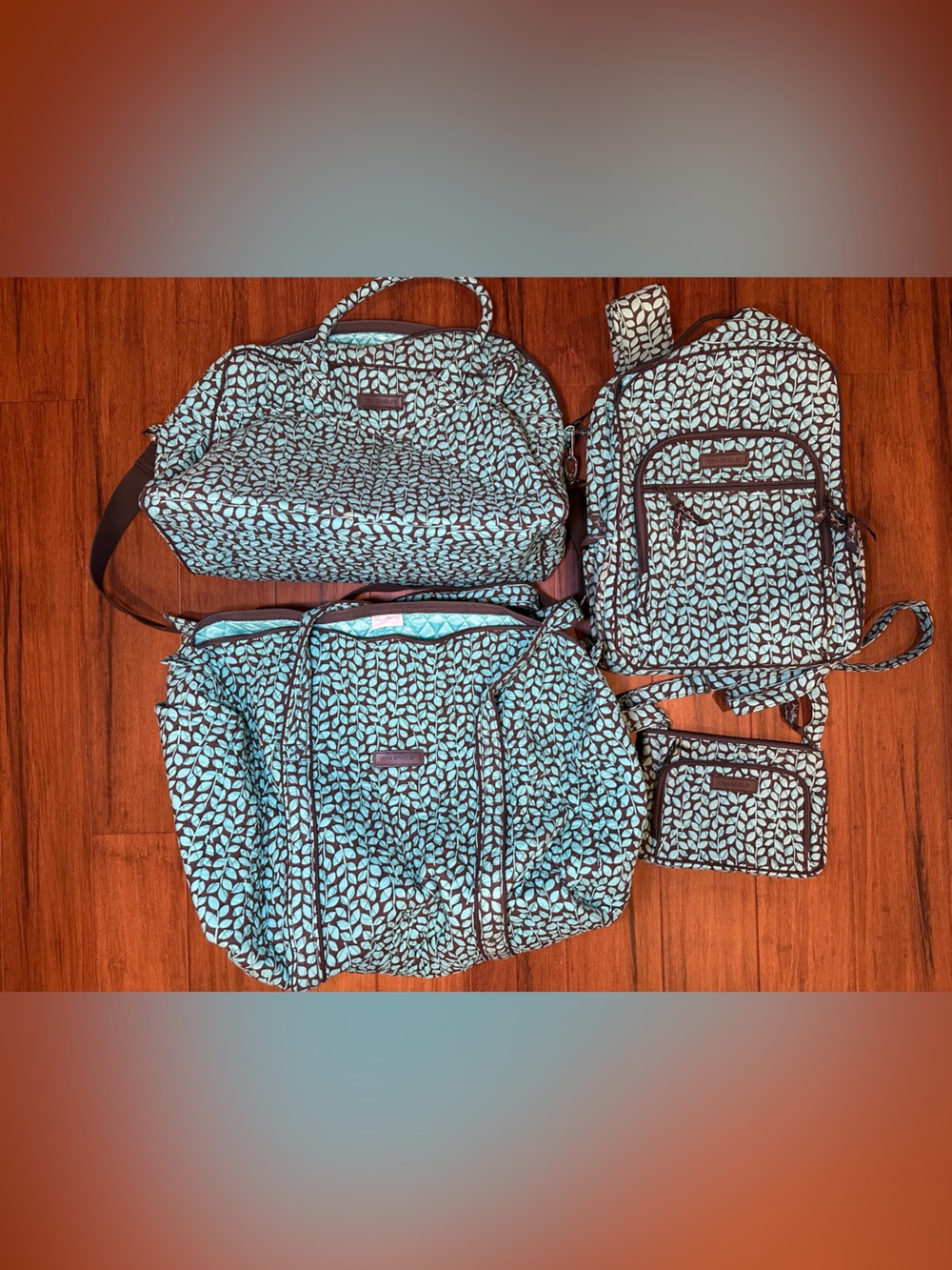 Vera Bradley Vintage Bright Turquoise Brown Leaf Collection 4 Bags, Duffles